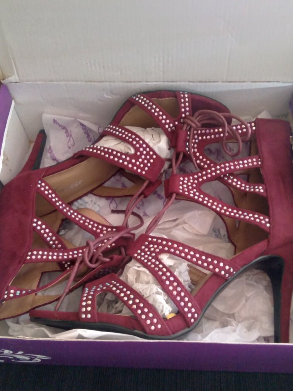 Forever Lace Up Gladiator Sandal Heels - Burgundy - Size 9 - Picture 2 of 8